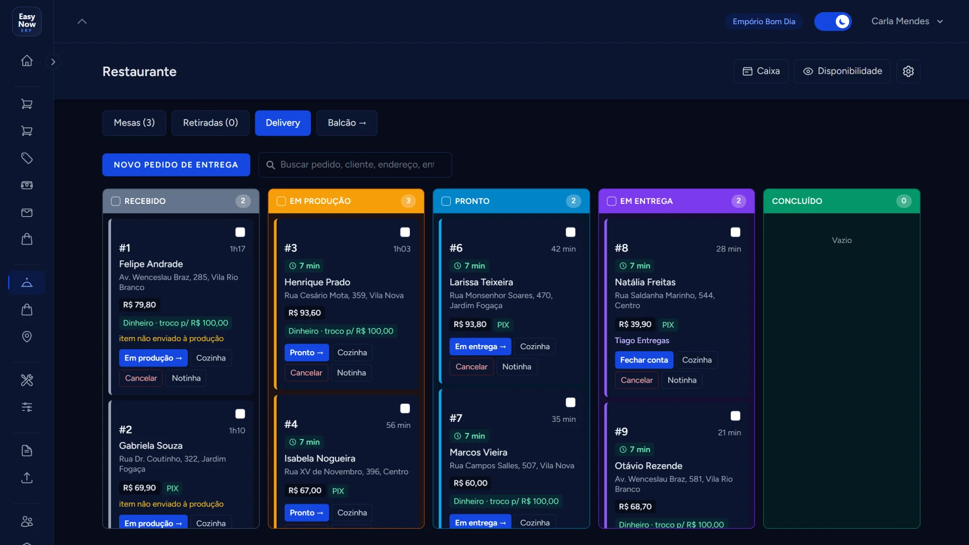 Kanban de pedidos de delivery do EasyNow